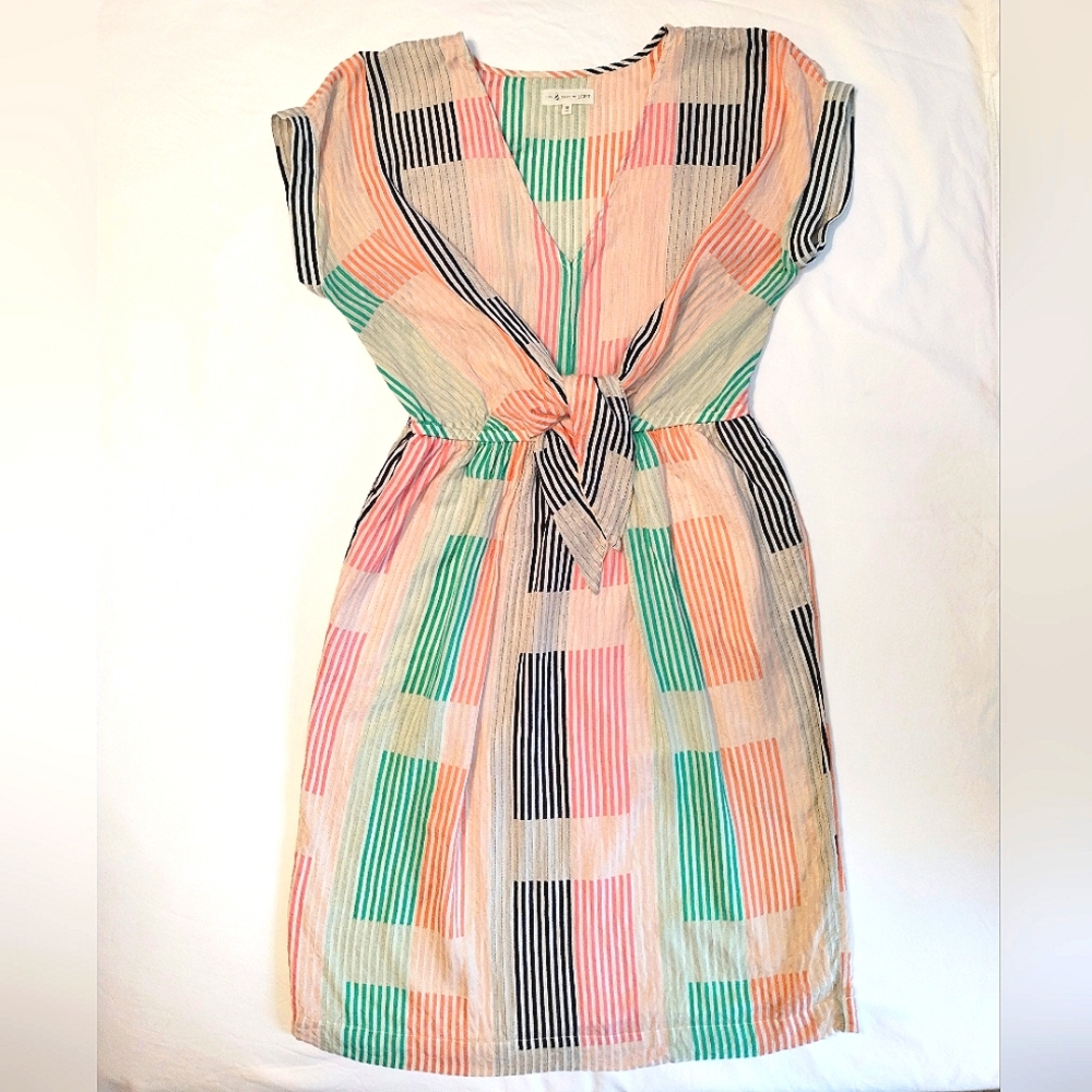 Lou & Grey LOFT Midi Dress size M, Neutral Stripe with green, pink